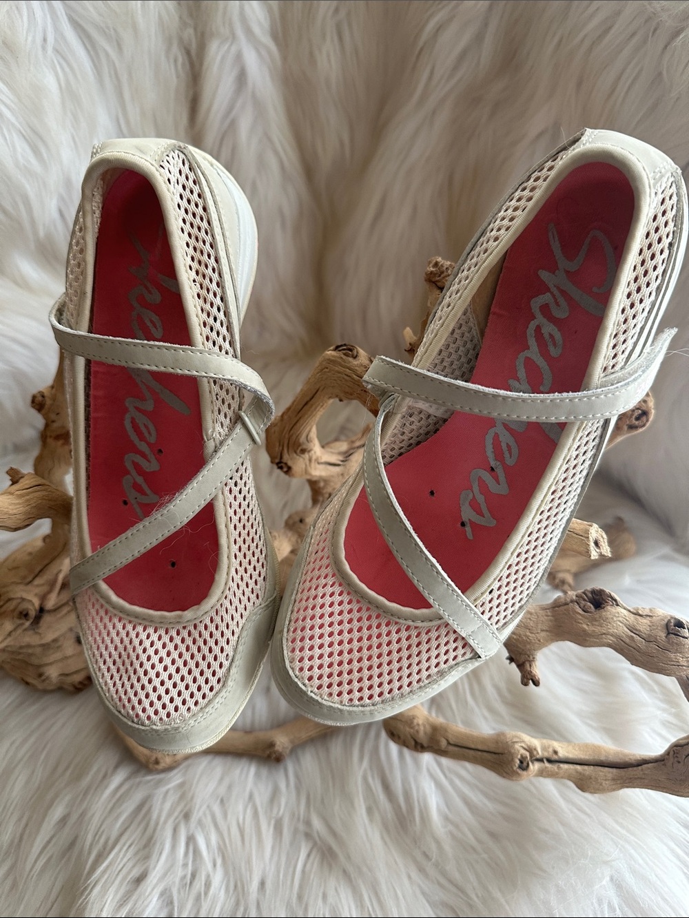 Skechers Cream Mesh Mary Jane Flats with Pink Insole